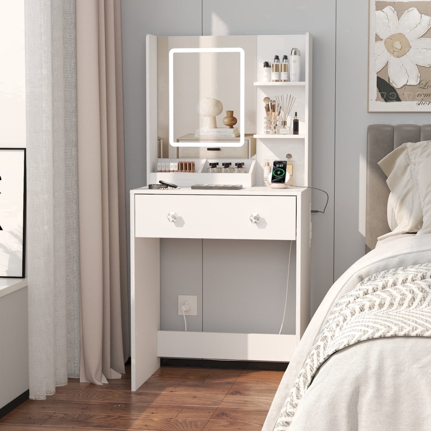 Satifur Vanity Desk with Mirror & Lights, GRWM Vanity with Drawers & Storage Shelves, Makeup Dressing Table with Charging, White
