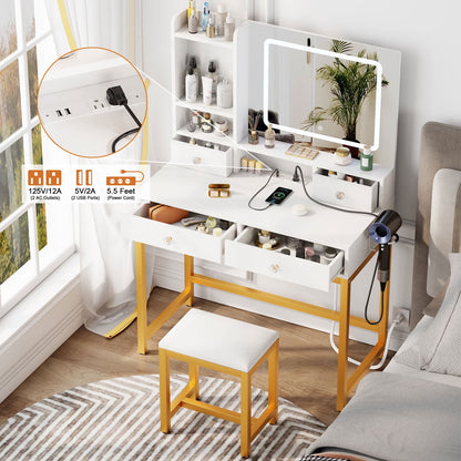 Hexmn LED Vanity Set with mirror and lights, makeup dressing tables with charging station & drawers storage for gift