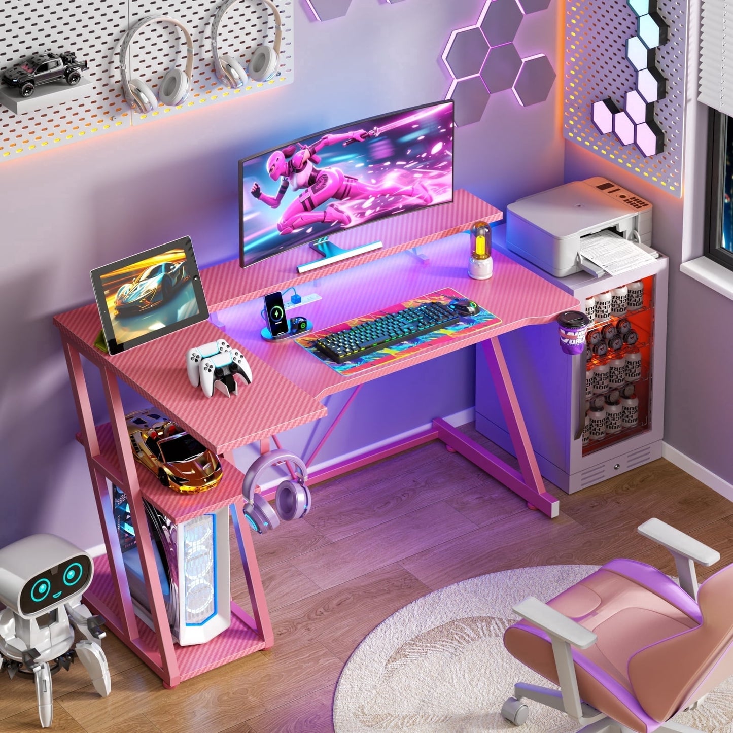 Satifur 47" Pro L-Shaped Gaming Desk Pink, RGB LED, Power Hub & Monitor Riser for Ultimate Setup