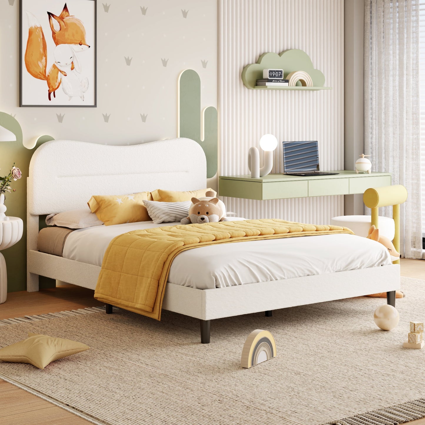 Satifur Queen Bed Frame with Teddy Velvet Soft Curved Headboard, Platform Bed with Wooden Slats Support, Easy Assembly, Noise-Free, White