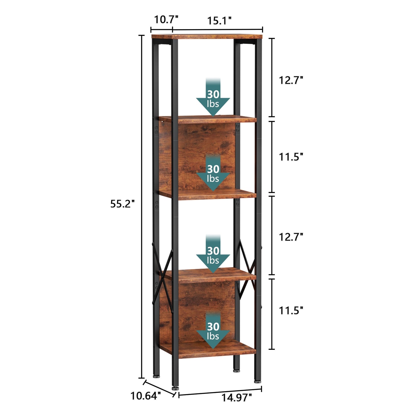 Satifur Bookshelf with 2 Large Backboards, Narrow Bookcase for Space Saving, Industrial Bookshelf with 5 Shelves for Office,Bathroom,Bedroom,Rustic Finish