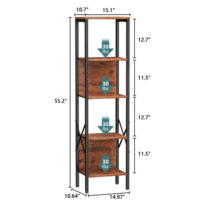 Satifur Bookshelf with 2 Large Backboards, Narrow Bookcase for Space Saving, Industrial Bookshelf with 5 Shelves for Office,Bathroom,Bedroom,Rustic Finish