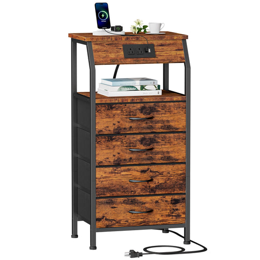 TYDIMOR Small Dresser for Bedroom, 4 Drawer with Charging Station, Brown, Ideal for Adults