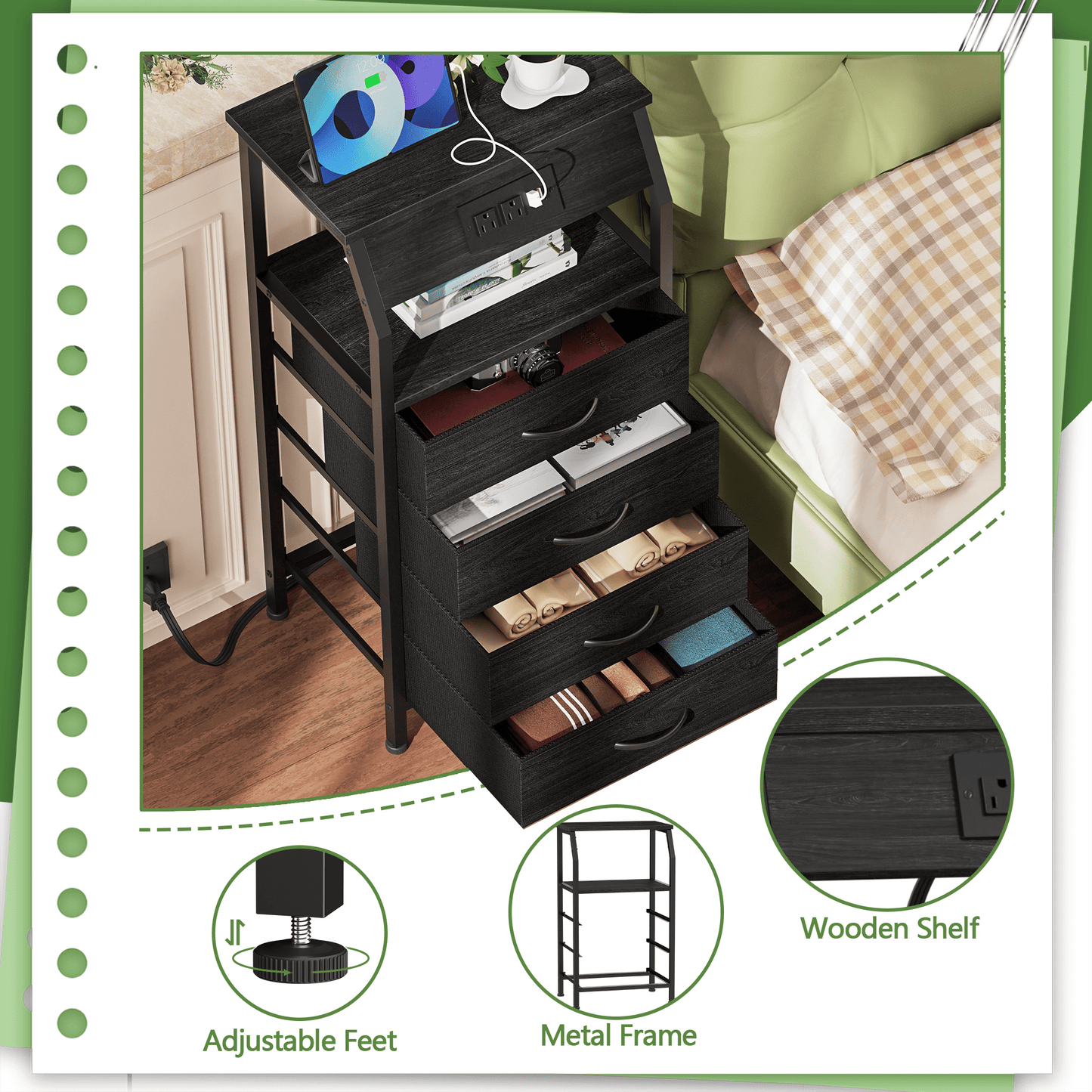 TYDIMOR Small Dresser for Bedroom, 4 Drawer with Charging Station, Black, Ideal for Adults