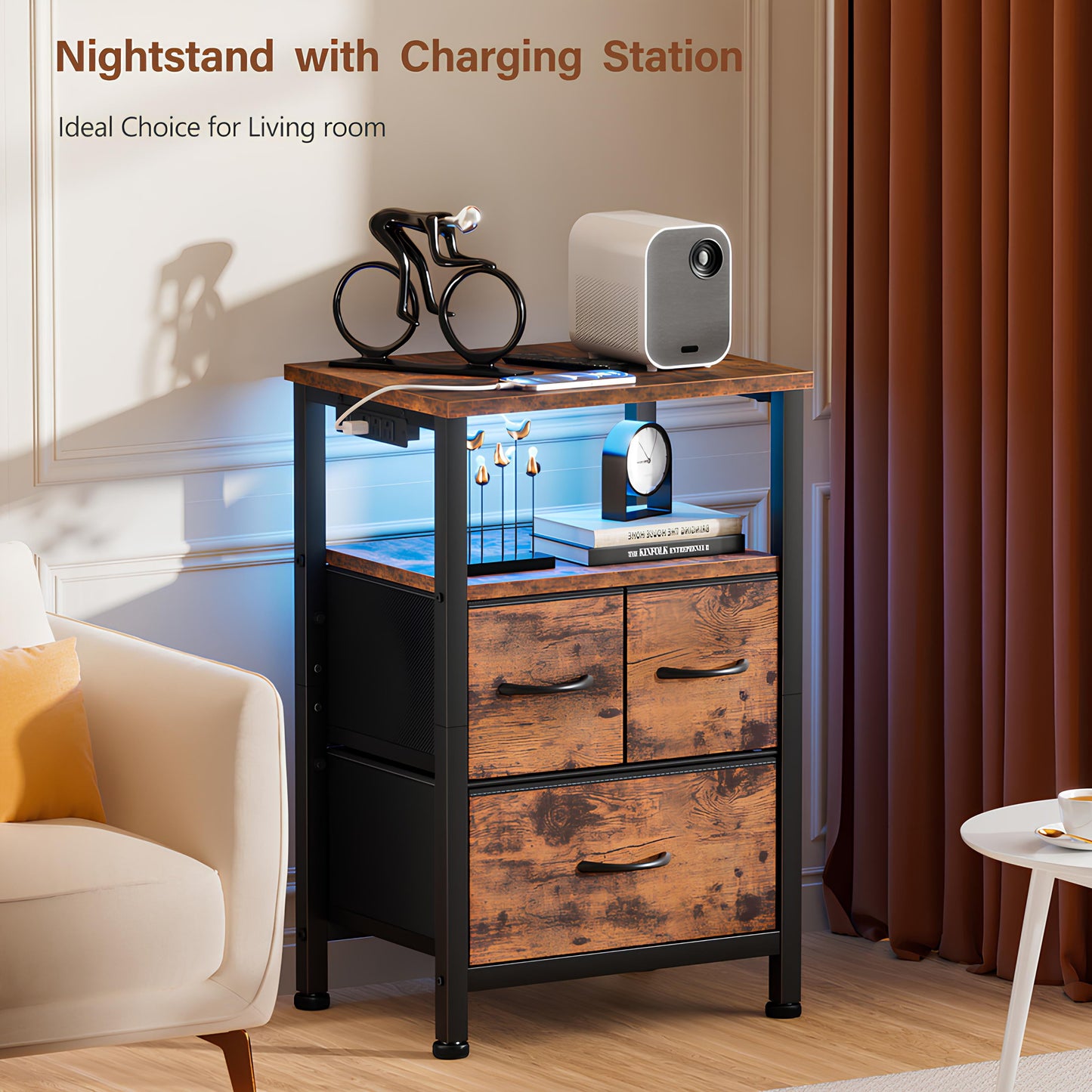 TYDIMOR Nightstand Bedside Table with Charging Station, 3 Drawer Dresser for Bedroom Furniture, Brown, Modern Style, Adults