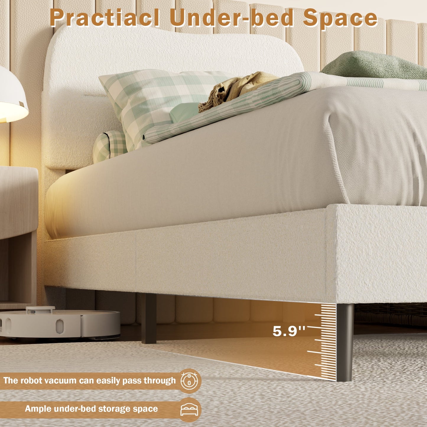 Tydimor Queen Bed Frame with Teddy Velvet Soft Curved Headboard, Platform Bed with Wooden Slats Support, Easy Assembly, Noise-Free, White