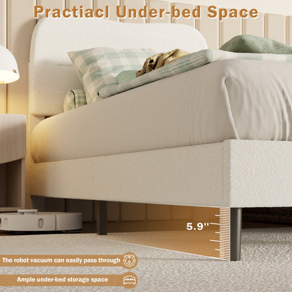 Tydimor Queen Bed Frame with Teddy Velvet Soft Curved Headboard, Platform Bed with Wooden Slats Support, Easy Assembly, Noise-Free, White