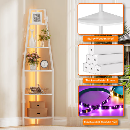 Satifur Corner Shelf Space Saving Freestanding Bookcase with LED Light Strip, Corner Bookshelf for Living Room Bedroom, White