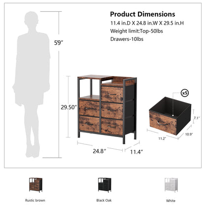 Satifur Chest of Drawers for Bedroom, 3 Tier Wide Dresser with 5 Fabric Drawers, Rustic Brown