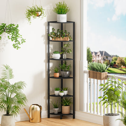 Satifur Corner Shelf Bookcase with LED Light Strip, 6-Tier Corner Bookshelf for Living Room, Bedroom
