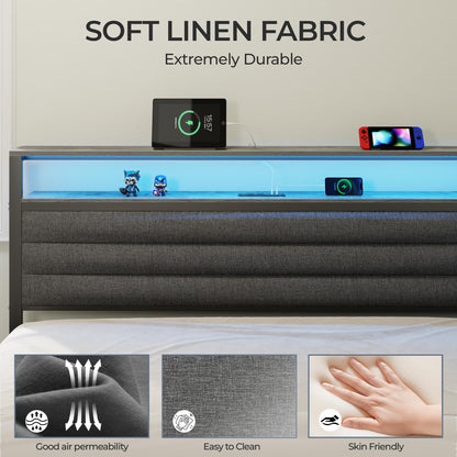 Tydimor L-Shaped Corner Bed Frame with 3 Storage Drawers, 3 Cubbies & Double-Layer Shelf, LED Lights & Power Outlet, Corner Full Beds for Living Room, Bedroom and Guest, Grey Oak