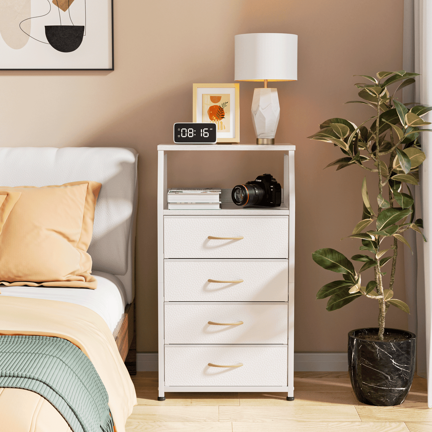 TYDIMOR Tall Nightstand,4 Drawer White Dresser for Bedroom Storage,Side Table for All Ages