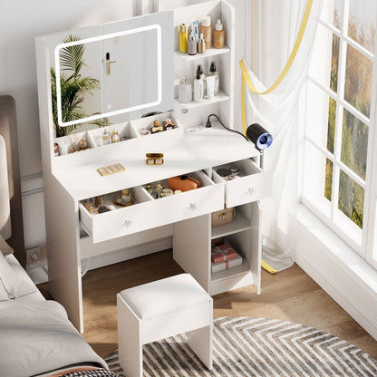 Satifur White Vanity Desk Set with Mirror and Lights, Makeup Table with Charging Station, Comfortable Bench, Big Vanity with 3 Storage Compartments, 39.4in