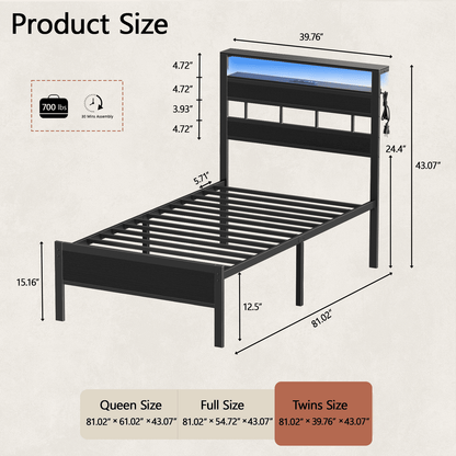 Tydimor Twin Bed Frames with USB Ports and Outlets, LED Gaming Bed Metal Frame Underbed with Headboard, Niose Free
