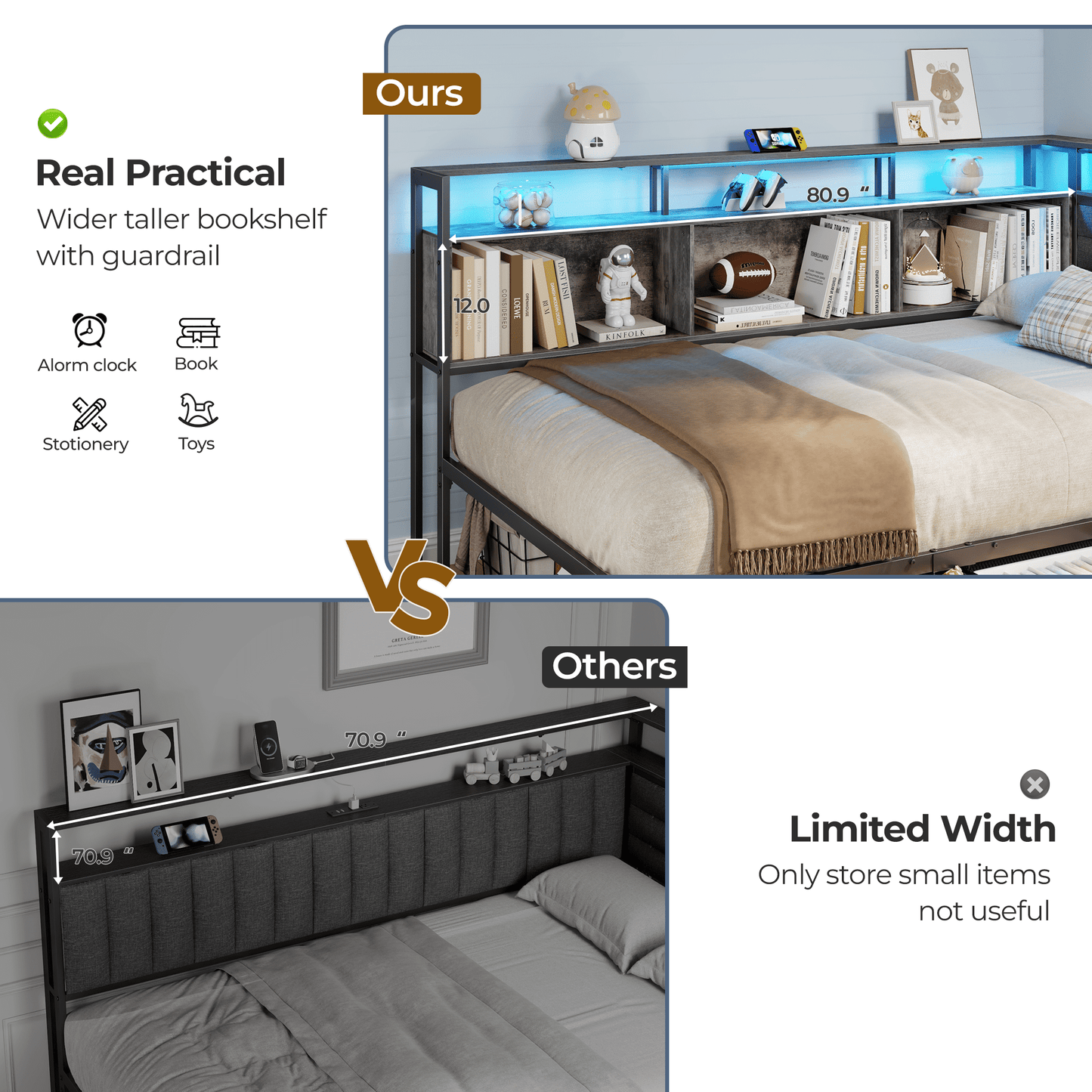 Tydimor L-Shaped Corner Bed Frame with 3 Storage Drawers, 3 Cubbies & Double-Layer Shelf, LED Lights & Power Outlet, Corner Twin Beds for Living Room, Bedroom and Guest, Grey Oak