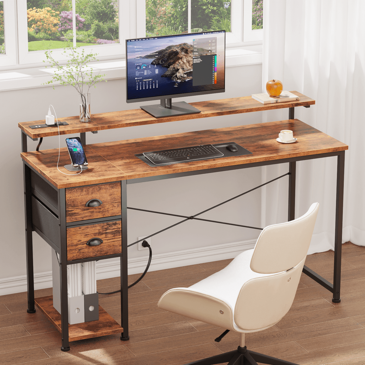 Satifur Computer Desk with Power Outlets & LED Lights, Home Office Desk with 2 Drawers, LED Change Colors Standing Gaming Desk, Rustic Brown