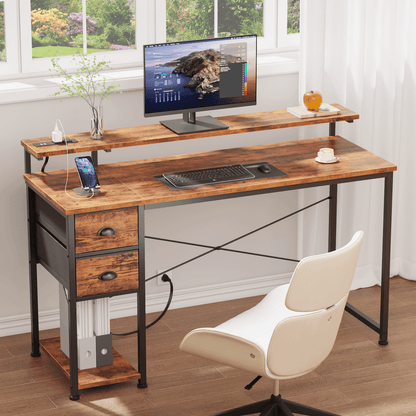 Hexmn Smart Computer Gaming Desk with Power Outlets & LED Lights, Standing Office Desk with Fabric Drawers for Home