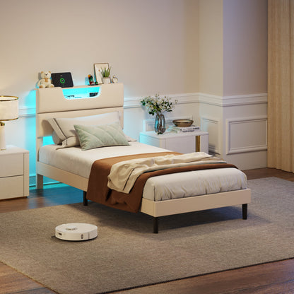 Tydimor Beige Fine Linen Fabric Bed Frame with Upholstered Headboard & Charge Station, Twin Size Bed Frame with LED Lights, No Box Spring Needed