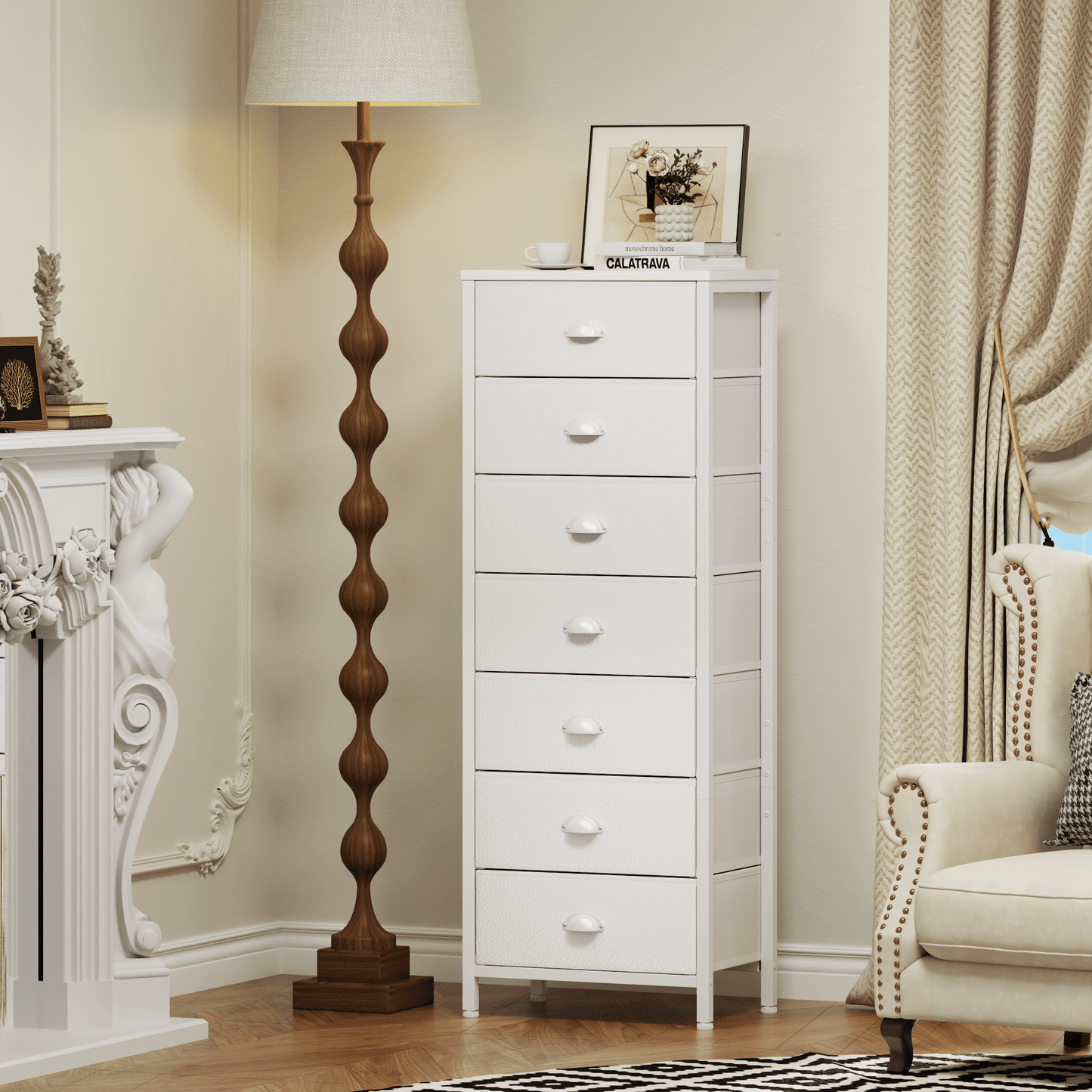 Tydimor 7-Drawer Tall Dresser Bedside Fabric Nightstand with Storage,White