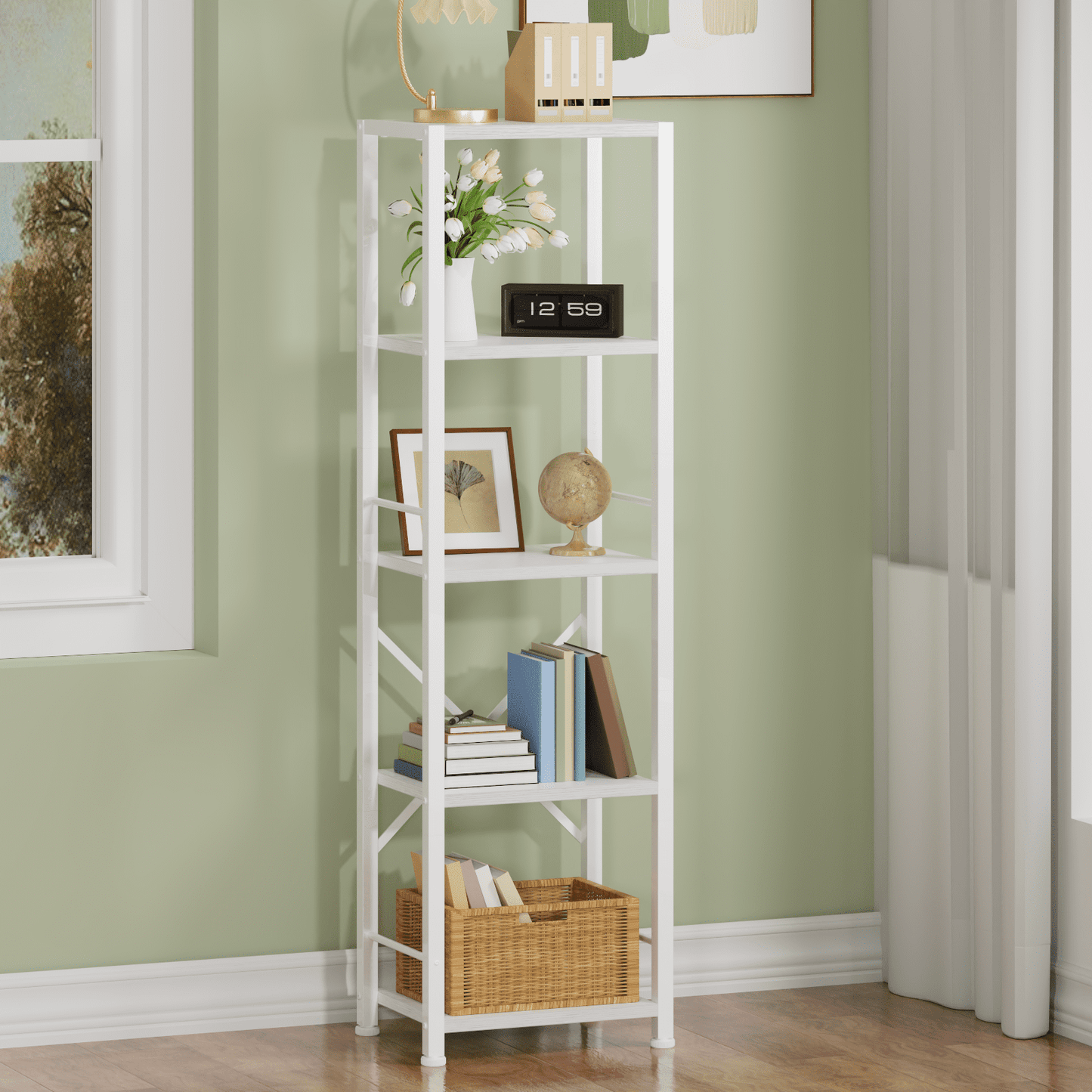 Satifur Bookshelf Bookcase Organizer with 5 Shelves for Living Room Bedroom Kitchen Garage, White