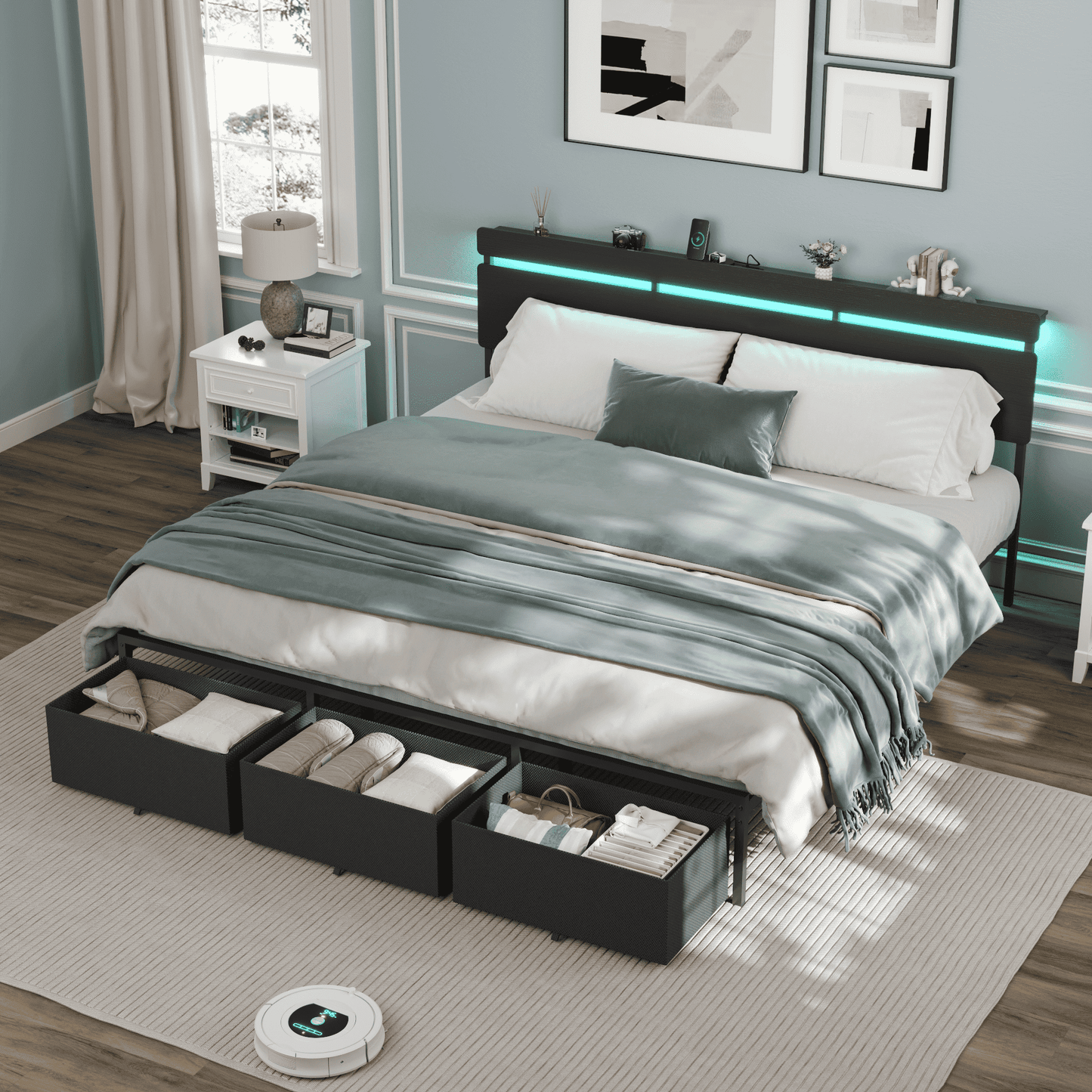 Tydimor King Size Bed Frame with 3 Drawers & LED Lights & Charging Station, Beds with Headboard & 10.10" Under Bed Storage, No Box Spring Needed, Easy Assembly, Black