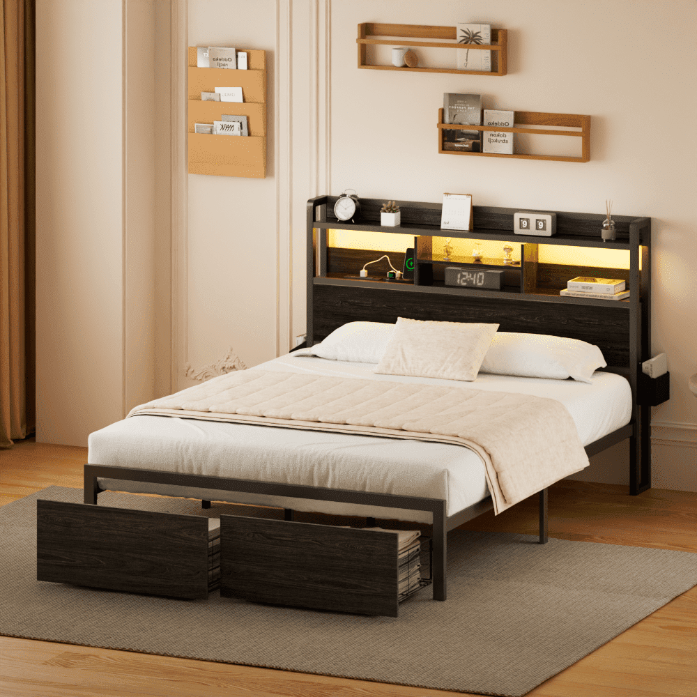 Hexmn Full Size Metal Bed Frame Built-In Charging & Storage Drawers, Black Oak