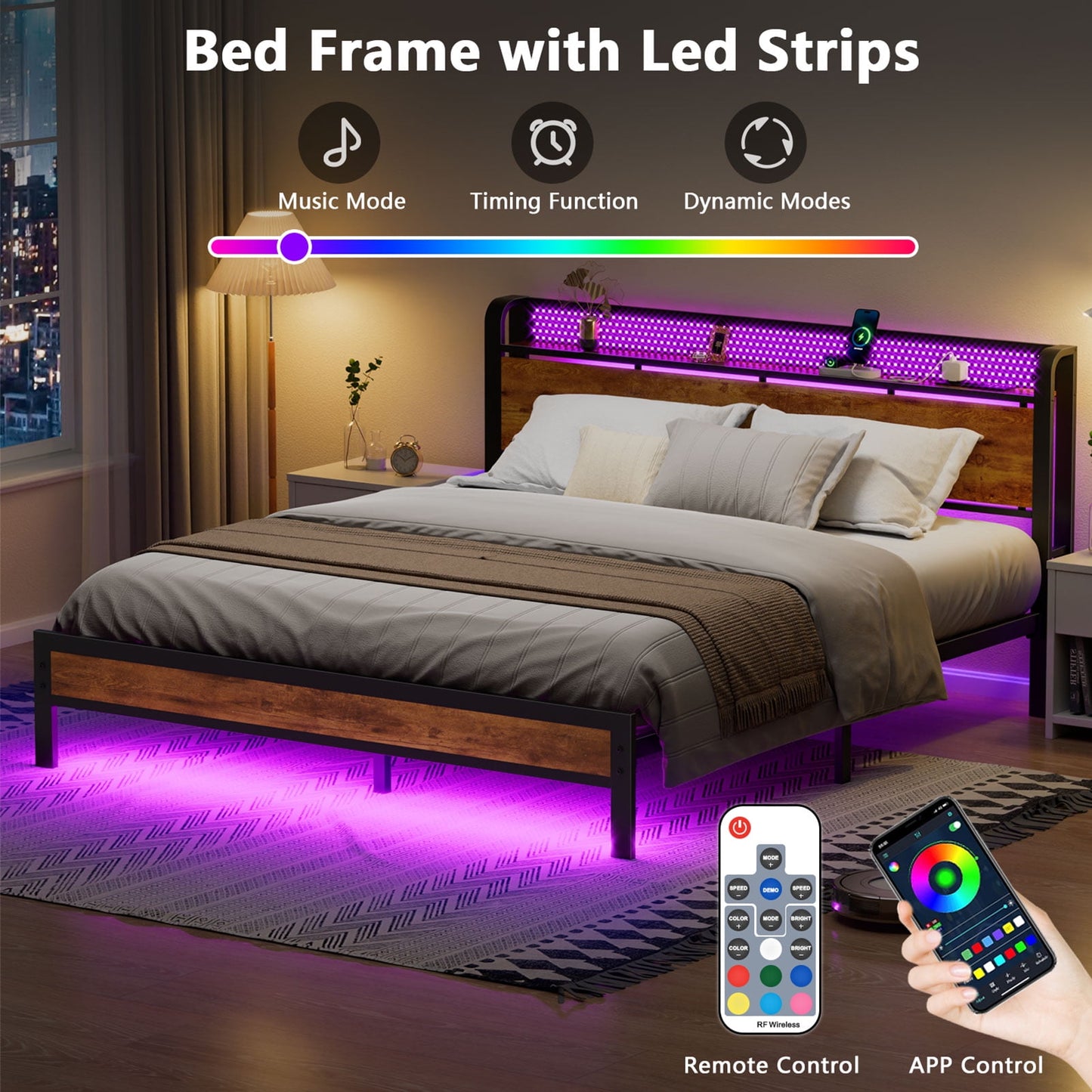 Satifur LED Bed Frame King Size with 2 USB Ports and Outlets, Platform Metal Bed Frame, No Box Spring Needed, Noise-Free