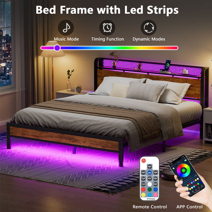 Satifur LED Bed Frame King Size with 2 USB Ports and Outlets, Platform Metal Bed Frame, No Box Spring Needed, Noise-Free