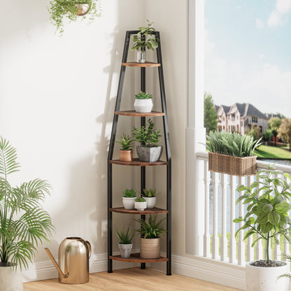 Satifur Corner Shelf Space Saving Freestanding Bookcase with LED Light Strip, Corner Bookshelg for Living Room Bedroom, Rustic Brown