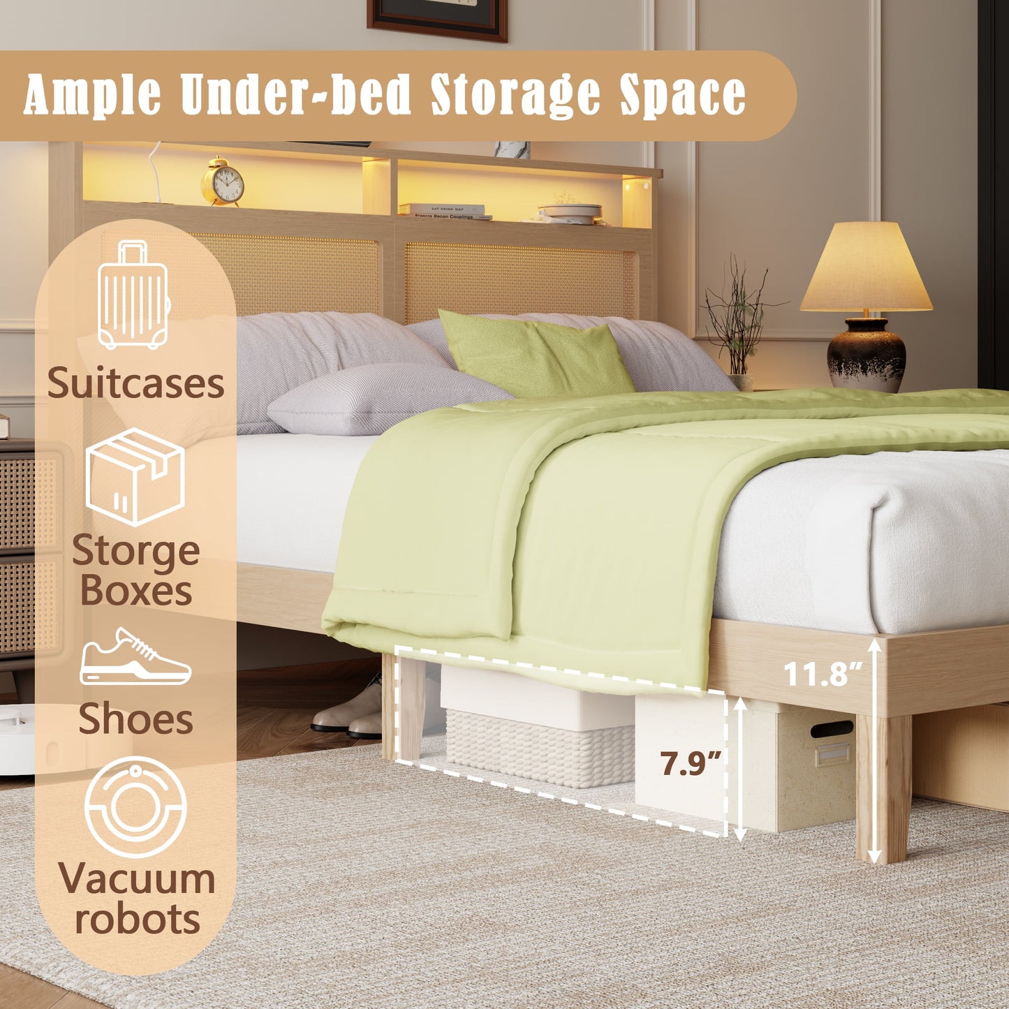 Tydimor Queen Bed Frame with Headboard & Bookcase Storage Shelf, Rattan Beds with Charging Station and LED Lights, No Box Spring Needed