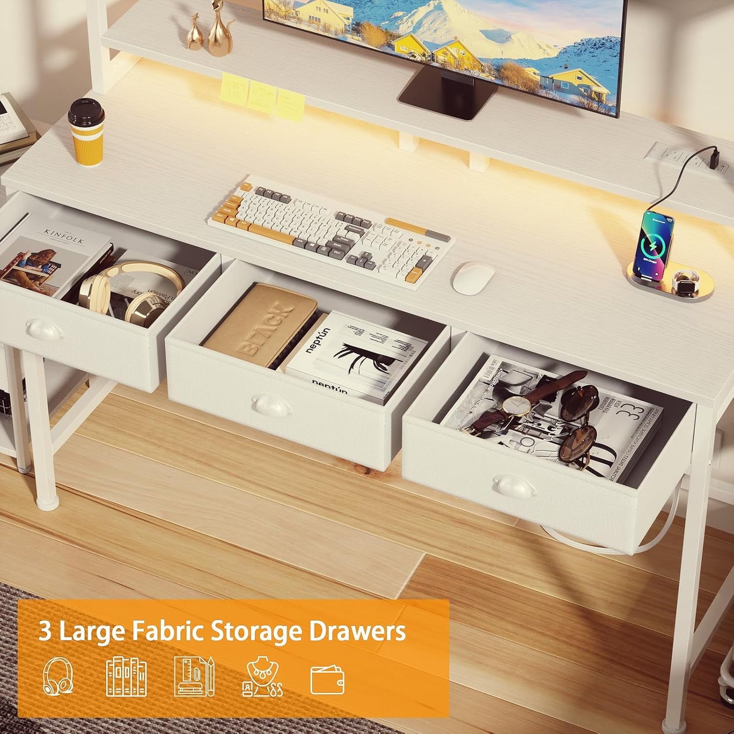 Satifur Small Computer Desk with Power Outlet & 3 Fabric Drawers, Gaming Desk with LED Light and Monitor Stand, Home Office Desk with Shelf and Hutch for Small Space, White