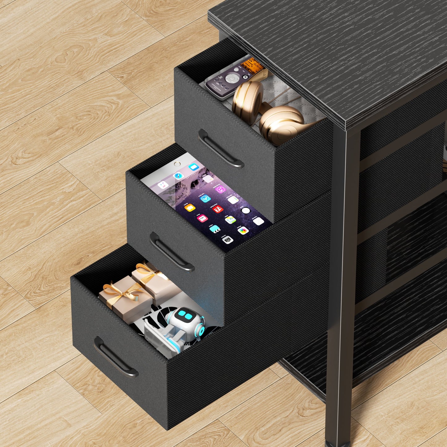 Satifur 2-Person Computer Desk with LED Lights,Charging Station and fabric drawers, Extra Long Double Office Desk Computer Desk, Black