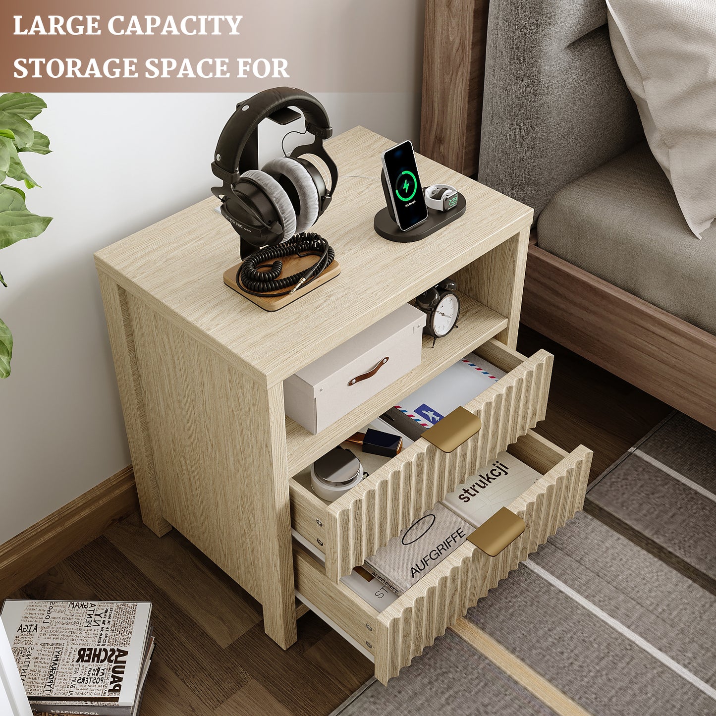 Satifur Modern Fluted Nightstand with Charging Station & 2 Storage Drawer for Bedroom,Light Oak Grain