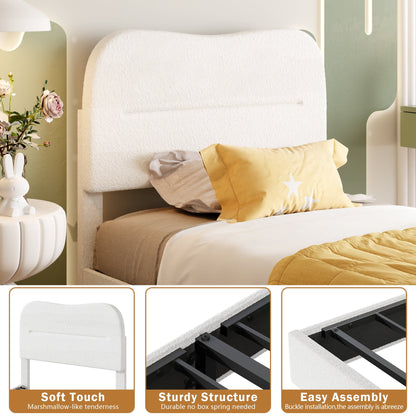 Tydimor Twin Bed Frame with Teddy Velvet Soft Curved Headboard, Platform Bed Easy Assembly, Noise-Free, White