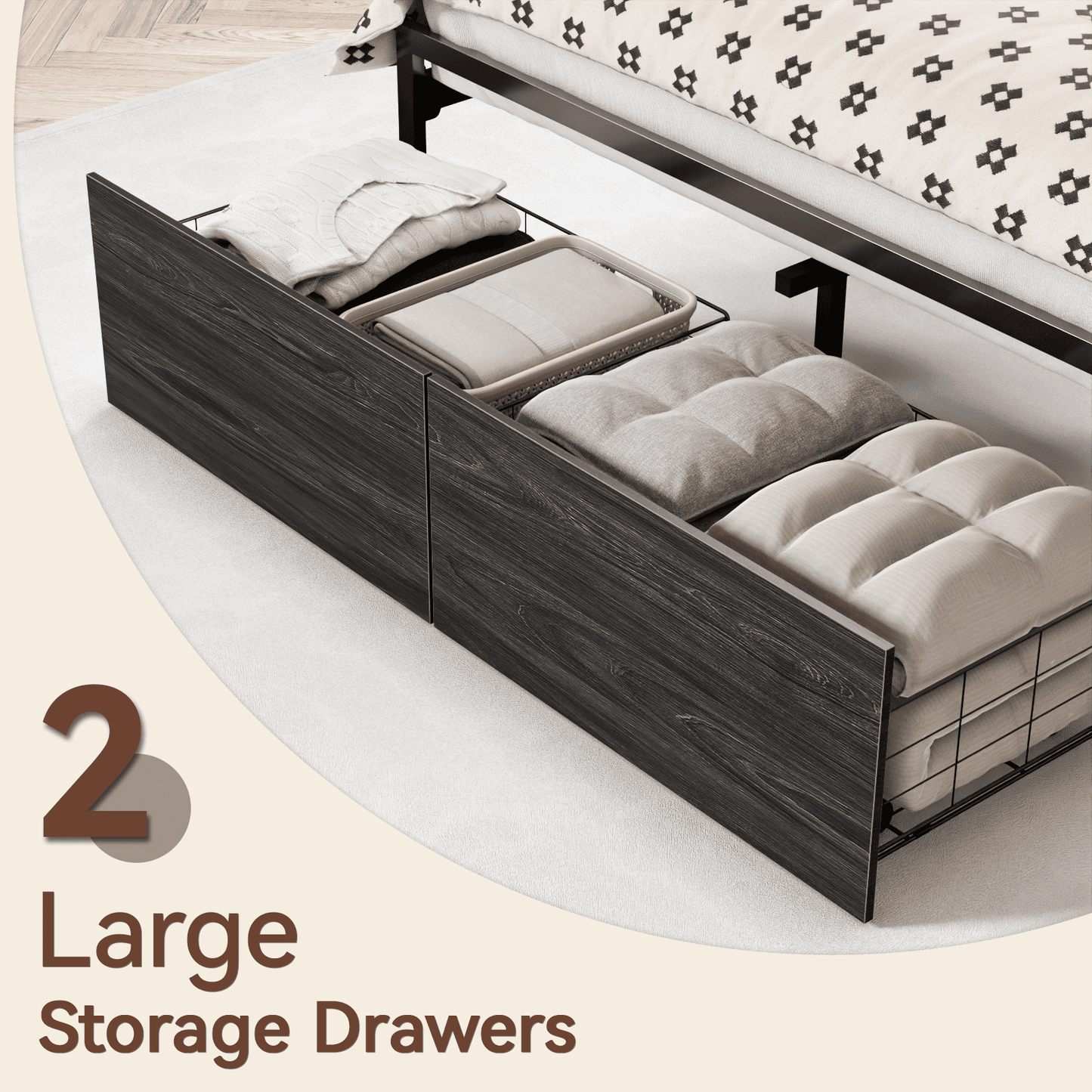 Satifur Full Bed Frame with Upholstered Headboard, Platform Bed Full with LED Lights & 2 Drawers, No Box Spring Needed