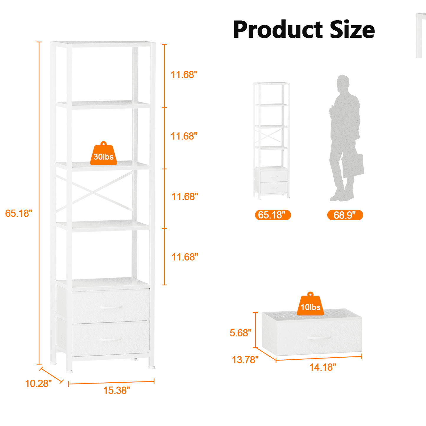 Satifur 5-Tier Bookshelf and Bookcase with 2 Removable Drawers, Narrow Display Shelf for Living Room, White