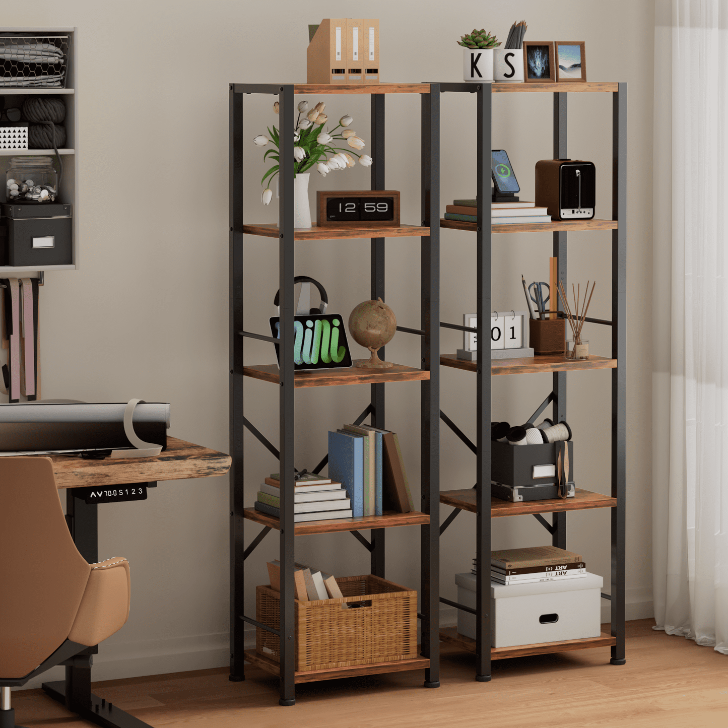 Satifur Bookshelf Bookcase Organizer with 5 Shelves for Living Room Bedroom Kitchen Garage,Rustic Brown