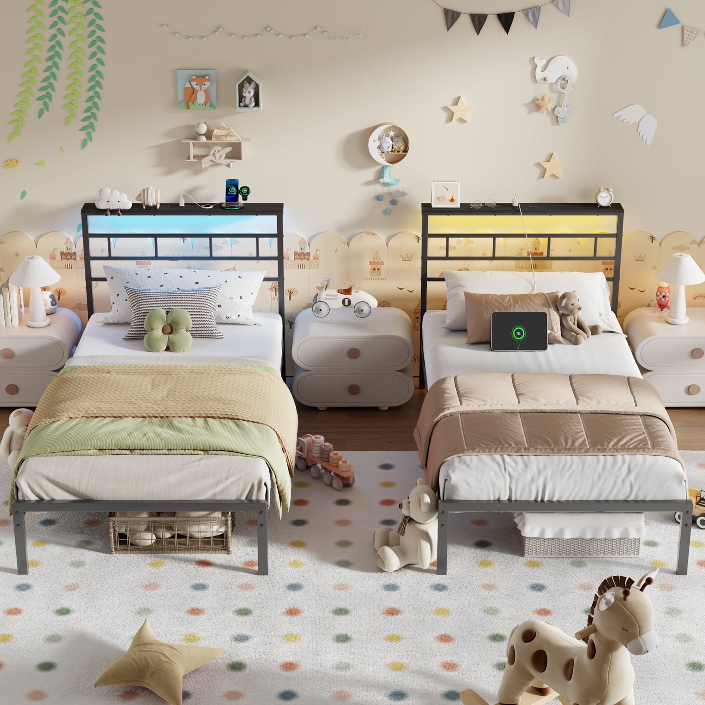 Tydimor Twin Size Bed Frame with LED Storage Headboard Shelf, 38.1" High Metal Platform Bed, Black