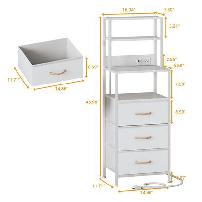Satifur Tall Nightstand with Charging Station and LED Lights, Bedside Table with Bookshelf,3 Fabric Drawers, White