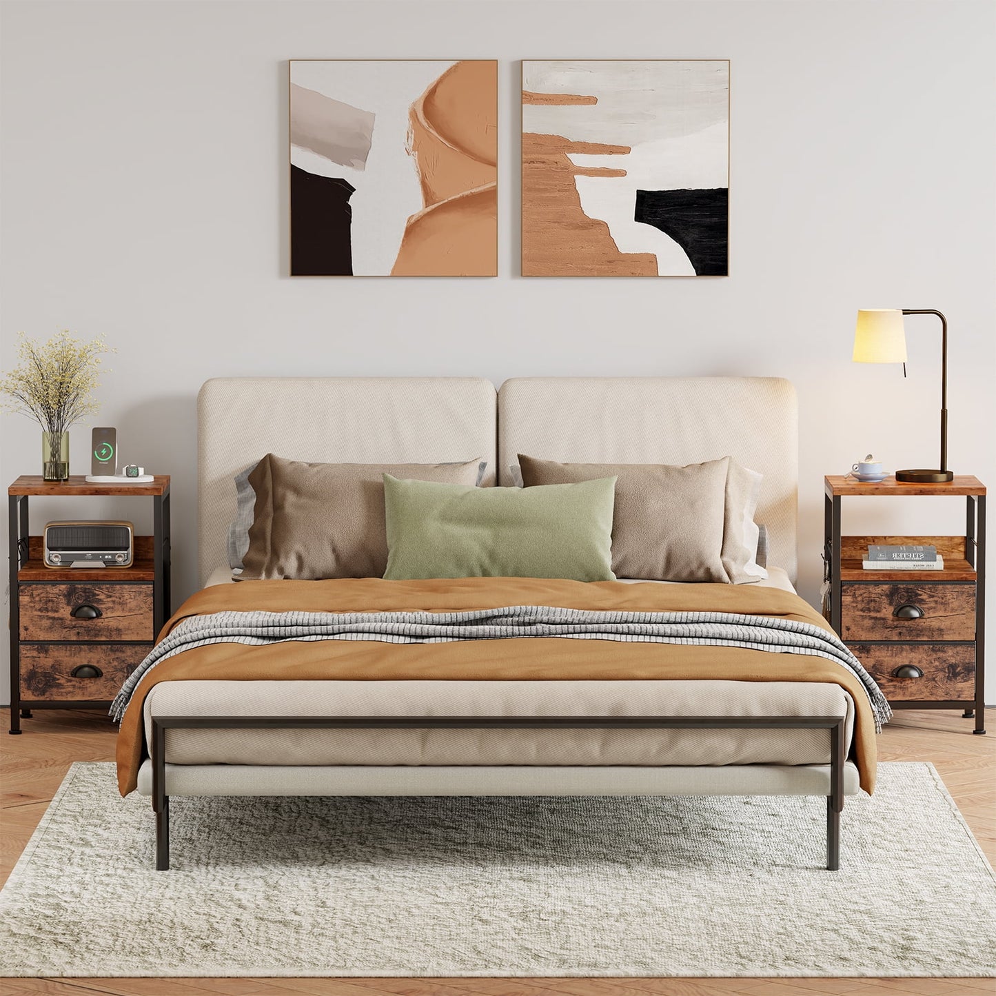 Satifur Nightstand with 2 Fabric Drawers & Shelf, Bedside End Table for Bedroom, Rustic Brown