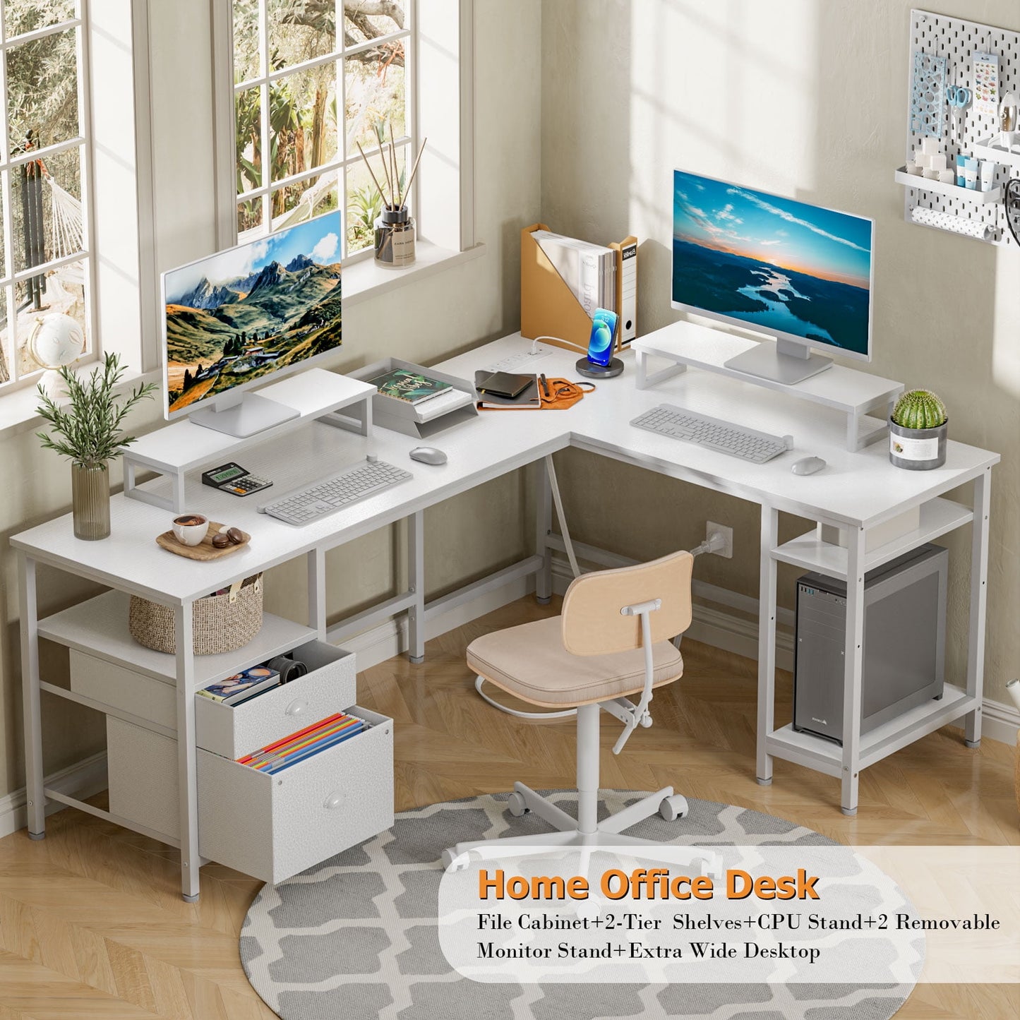 Furologee Computer Desk L-Shaped Desk with Power Outlet and Monitor Stand Corner Desk, White