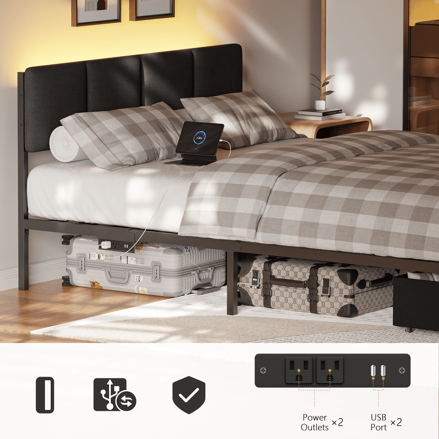 Tydimor Queen Bed Frame with 2 Drawers & 2 USB Ports and Outlets, No Box Spring Needed
