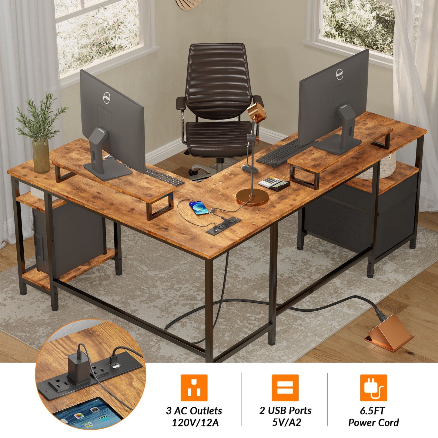 Furologee Computer Desk L-Shaped Reversible Desk with Drawers and 2 Monitor Stands, Rustic Brown