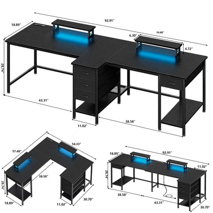 Hexmn LED Lights Computer Monitor Desks fabric drawers for 2 Monitors Dual, L Shape Smart Corner Gaming Tables with Charging Station