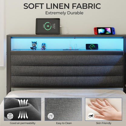 Tydimor L-Shaped Corner Bed Frame with 3 Storage Drawers, 3 Cubbies & Double-Layer Shelf, LED Lights & Power Outlet, Corner Twin Beds for Living Room, Bedroom and Guest, Grey Oak