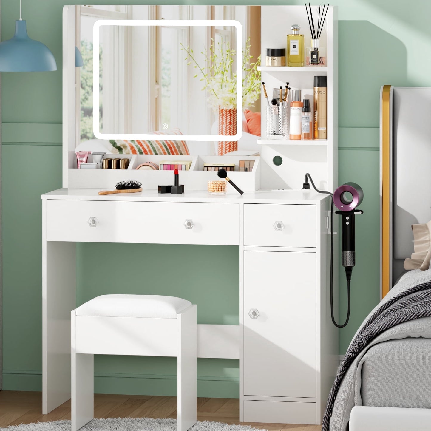 Tydimor Vanity Set with Mirror & Lights, Women Makeup Table with Charging Station, Sturdy Dressing Desk with Drawers & Stool