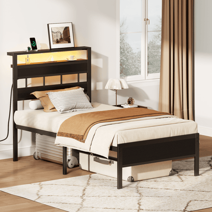 Tydimor Twin Bed Frames with USB Ports and Outlets, LED Gaming Bed Metal Frame Underbed with Headboard, Niose Free