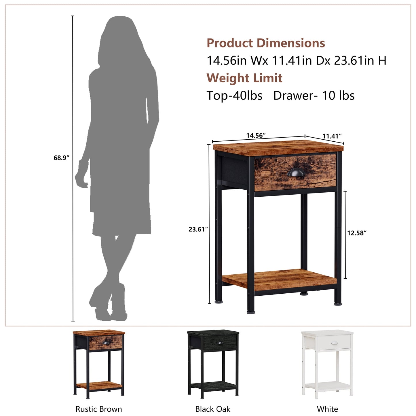 Satifur Set of 2 Nightstand for Bedroom,3-Tier End Table with Drawer,Rustic Brown