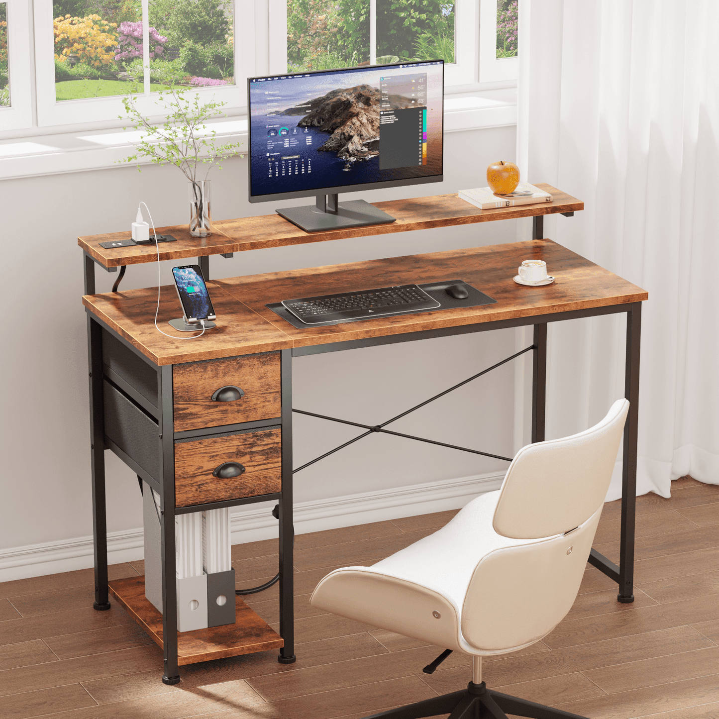 Hexmn Computer Desk with Drawers & USB for Small Area, LED Change Colors Standing Gaming Desk with Monitor Stand for Writing