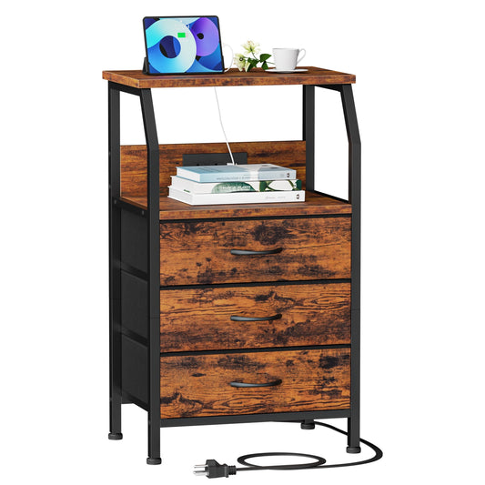 TYDIMOR Nightstand Bedside Table with Charging Station, 3 Drawer Dresser for Bedroom Furniture Steel, Wood, Brown Fabric Drawers
